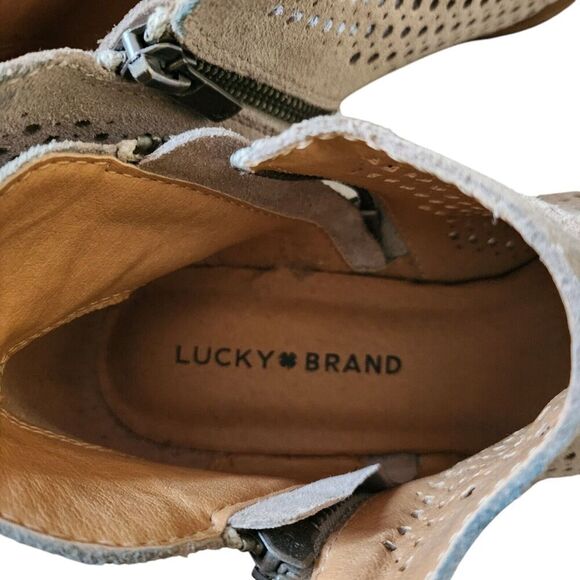 Lucky Brand Ankle Boots Womens 7.5 Bayley Taupe Perforated Suede Leather Booties - Picture 6 of 10